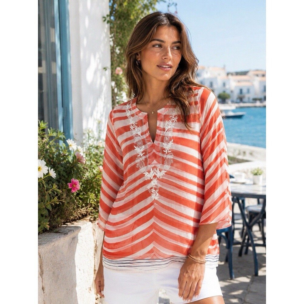 Chicos Embroidered Sheer Top Orange Striped Boho Tunic Blouse Womens XL‎